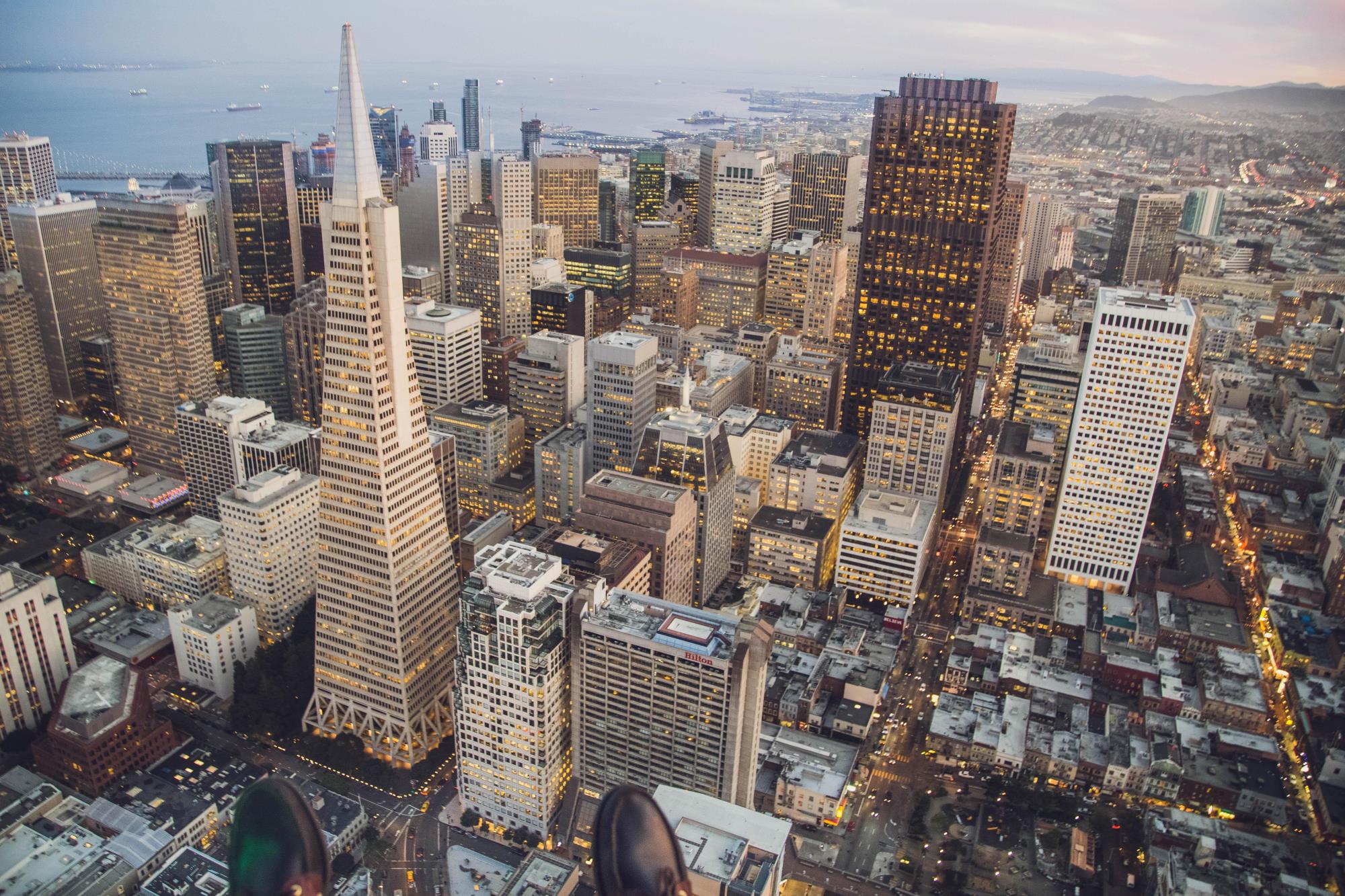 Drone picture from above SF downtown area and skyline 